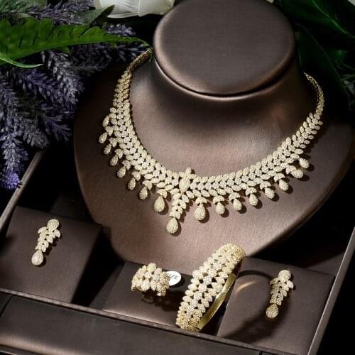 HIBRIDE Luxury Gold Color Charm Leaf Design Full Cubic Zirconia Jewelry Sets Dubai Crystal Wedding Jewelry Sets Bijoux N-1728