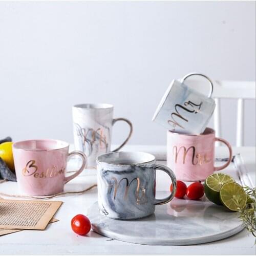 Nordic Style Creative Marble Texture Ceramic Mug Gold Plated Handle Cup Lid Coffee Cup Breakfast Milk Mug Crafts