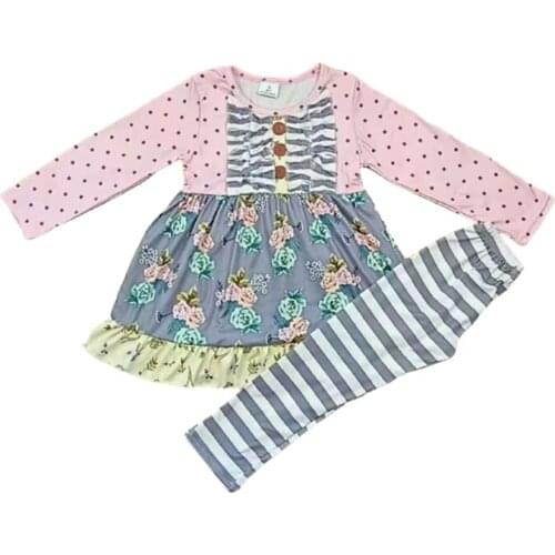 New autumn and winter 2-piece baby girl pink flower long sleeve with striped grey tights set 0-16 years old20