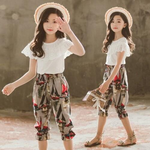 Summer Girls Clothes Sets 2020 Girls Boutique Outfits Chiffon Short Sleeve Top+Short 2Pcs Children Clothing 4 6 8 10 12 13 Years