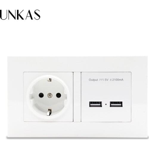 UNKAS Wall Socket EU Standard Power Outlet With Dual USB Smart Induction Charge Port For Mobile 2.1A White PC Panel