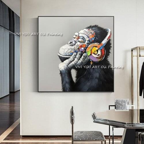 New Monkey DJ Canvas Art Posters Handmade Animal Oil Paintings on The Wall Grey Pictures for Living Room Home Decoration