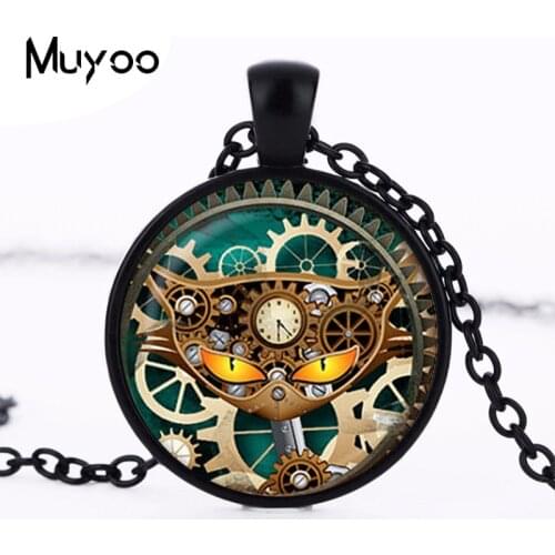 2017 new hot Wholsale Handmade Steampunk clock pendant Clock Jewelry Steampunk Cat Necklace for Kids Chain necklace HZ1