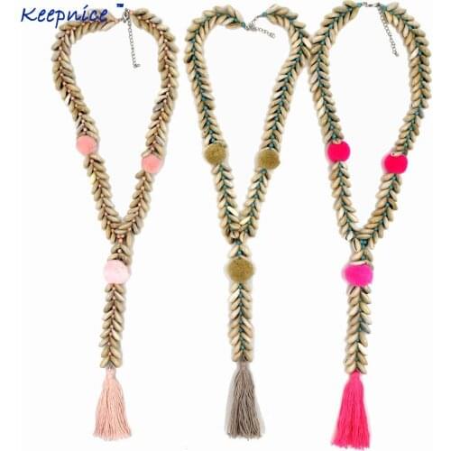 New Handmade Cowrie Shell Beaded Chain Necklace Bohemia Boho Pompoms Long Fringe Tassel Pendants Necklace For Women Summer