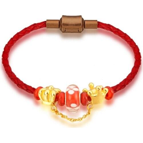 Lucky New Year Solid 24K Yellow Gold Crown coloured glaze Knitted Beads Bracelet 2.5g