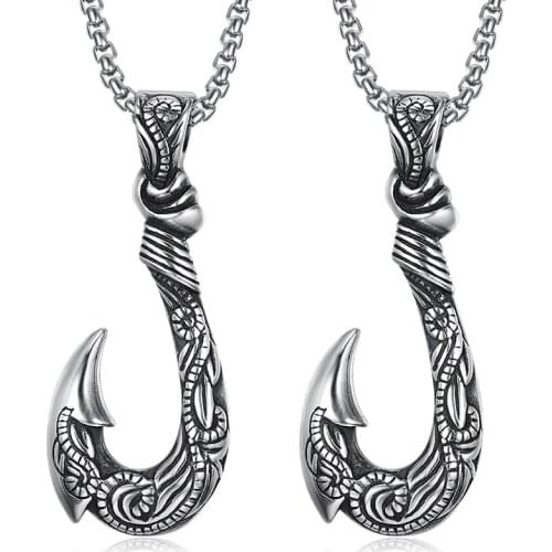 Retro Viking Fish Hook Shape Pendant Necklace Mens Necklace Metal Sliding Vintage Fish Hook Necklace Pendant Accessory Jewelry