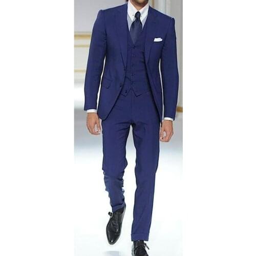 Jacket+Pants+Vest) Navy Blue Slim Fit 3 Piece Groom Tuexdos For Wedding Formal Prom Suit Party Evening Blazer Custom Made