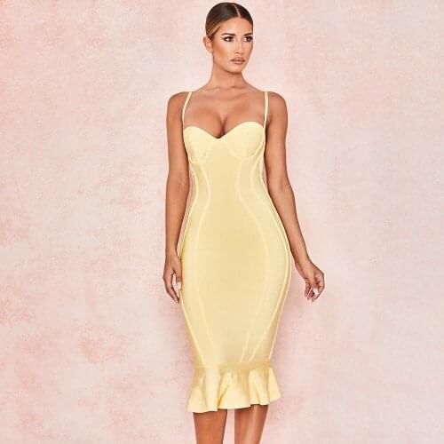 Fishtail Sweetheart Spaghetti Strap Sexy Autumn Sleeveless Women 2019 New Fashion Celebrity Party Bodycon Yellow Bandage Dress