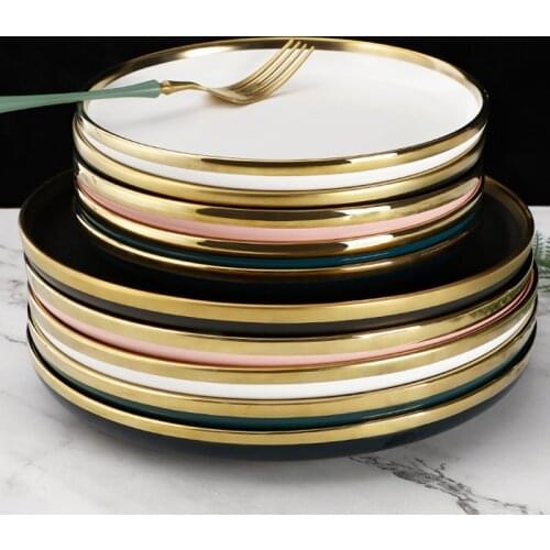 Dark Green Ceramic Gold-rimmed Dinner Plate 10 Inch Tableware Salad/dessert Plate Decoration Kitchen Porcelain Tableware