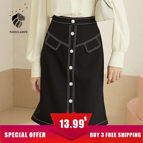 FANSILANEN Elegant pocket high waist black midi skirt Women office white bodycon skirt Female spring summer vintage skirts 2021
