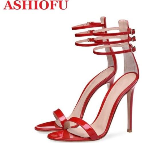ASHIOFU Handmade Ladies Stiletto Heels Sandals Shinny Patent Leather Party Prom Shoes Open-toe Sexy Evening Fashion Sandal Shoes