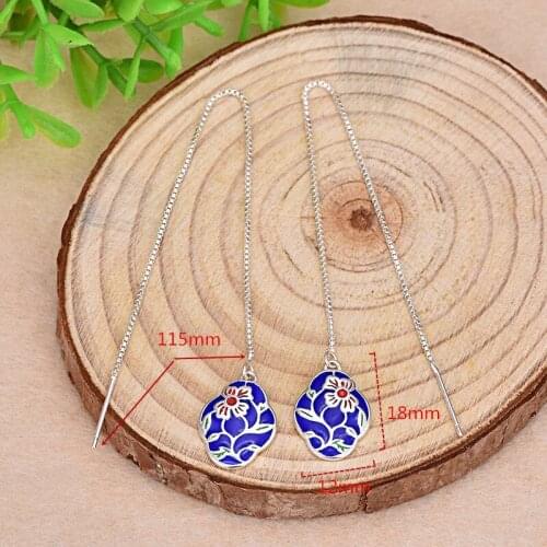 Buyee Fashion Dangle Earring Women Blue Enamel Peony Flower Long Tassel 925 Sterling Silver Earring Women Wedding Ethnic Jewelry