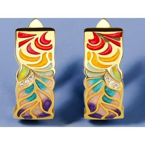 Womens Silver Earrings 925 Sterling Silver Fashion Ring Golden Leaf Shape Cubic Zirconia Ring Party Jewelry Enamel Handmade