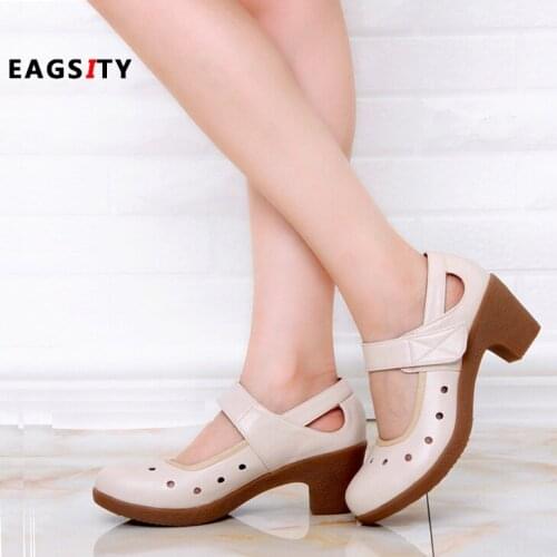 EAGSITY Mary Jane high heel women shoes hook loop round toe square heel pumps breathable dancing party wedding shoes
