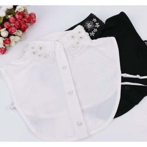 Women Embroidery Neckwear Chiffon Crystal Bead Shirt Fake Collar New Cotton Rhinestone Lapel False Detachable Collar Blouse Tops