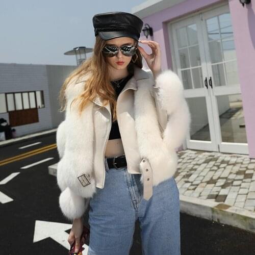 Winter Trendy Women Fox Fur Coat Turn-Down Collar Zipper Short Genuine Sheepskin Leather Jacket