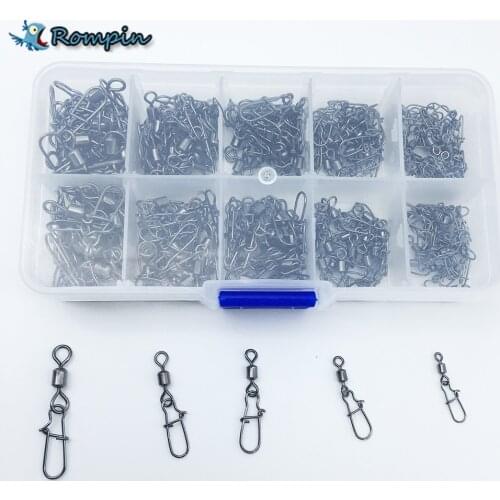 210pcs/ Box Stainless Steel Fishing Swivel Snap Ball Bearing Lock Rolling Swivel Connector hooked Snaps Pin Fishhook Tackle Kit
