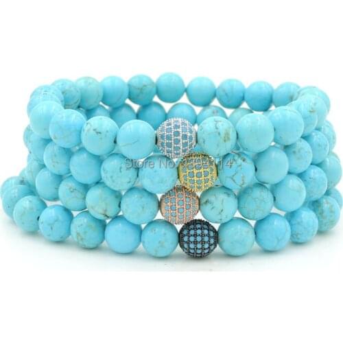8mm Micro Pave Kallaite CZ Round Ball Beads & Blue Turquois e Round Beads Beaded Bracelets Elastic Rope