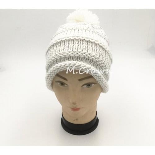 Childrens Kids Classic Turned Edge Silver Thread Pompoms Kintted Hat