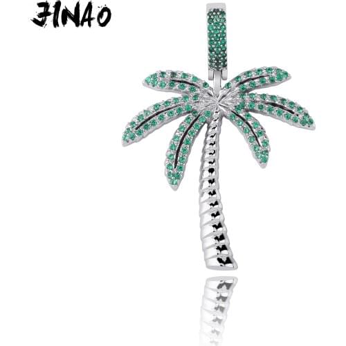 JINAO Fashion Iced Out Palm tree Cubic Zircon Pendant& Necklace Gold Silver Color Plated Hip Hop Jewelry for Men Women Gift