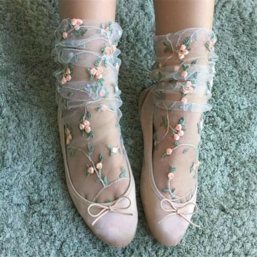 Summer Utral Thin Floral Embroidery Mesh Socks Womens Sweet Fresh Mesh Flower Embroidered Thin Ankle Socks Hosiery