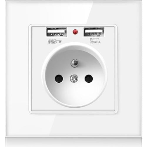 French Standard wall socket, 16a power socket with 2100ma Dual Port USB charger, black, white, gold, 86 glass panel