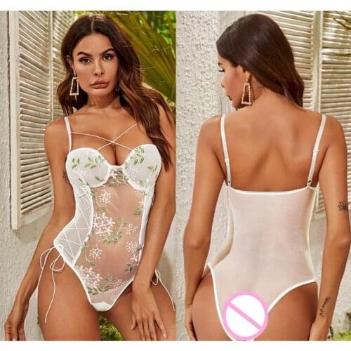 2020 Newest Embroidery Sexy Bodysuit Women Mesh Transparent Sleeveless White Up Bodysuit One Piece Club Summer Body Suits Female