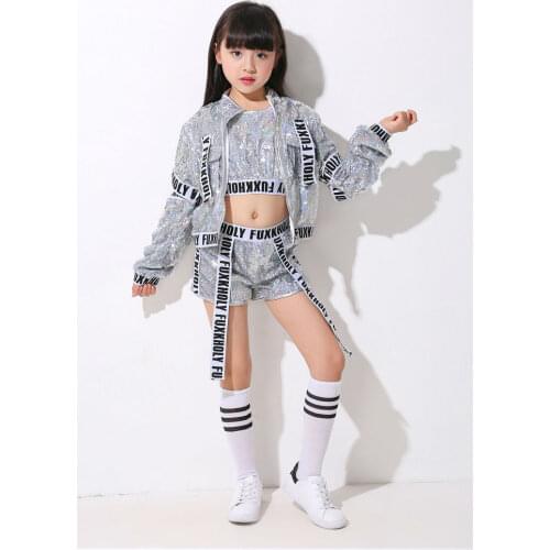 New childrens Modern Jazz Dance Costumes Suit Girls Jazz Sequin alphabet band hip hop Street Dance Clothes Performance Set
