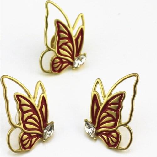 New Small Fresh Matte Gold Butterfly Shape Asymmetric 925 Silver Needle Earrings Brooch Set