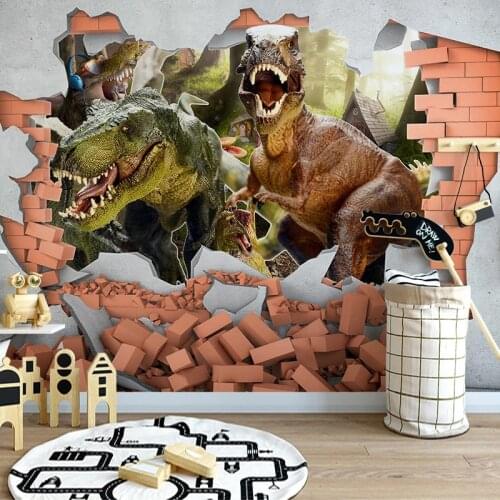 Custom Photo Mural 3D Cartoon Dinosaur Brick Wall Children Room Bedroom Wall Painting Wallpaper For Kids Room Home Decoration