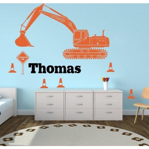 Custom Name Excavator Construction Building Wall Sticker Boy Room Nursery Personalized Name Digger Heavy Equipment Truck Decal