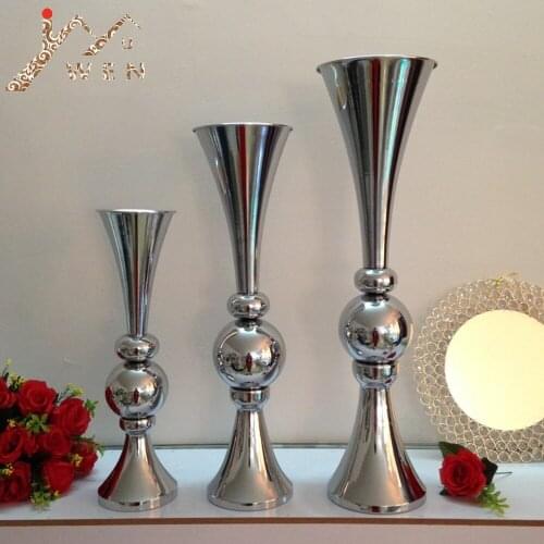 Silver / Gold Flower Vases Trumpet Shape Brief Wedding Table Centerpiece Event Road Lead Flower Vase 3 Size 10 pcs/ lot