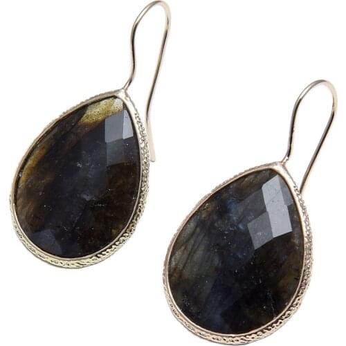 GG Jewelry Big 25MM Natural Labradorite Gold Color Plated Dangle Hook Real Stone Earrings For Women