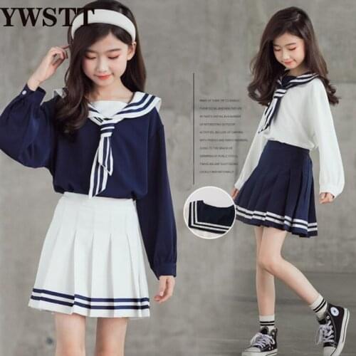 Teen Girls School Uniform Skirt Sailor Set 2021New Girls Long Sleeve White School Students +Kids Pleated Plaid Skirts Suit 2PCS