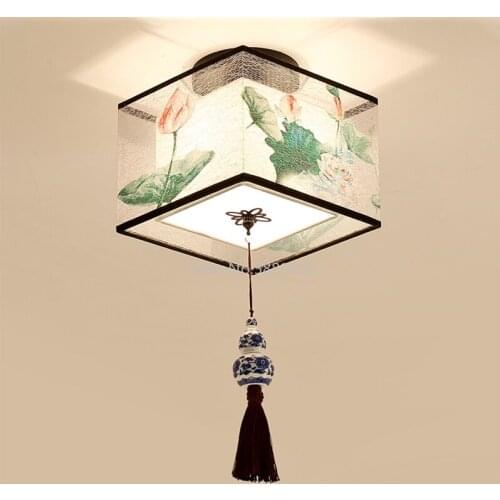 Chinese Round Square Ceiling Lights Fixtures Fabric for Living Room Aisle Shade Mounted Lampa Sufitowa Japanese Led Ceiling Lamp