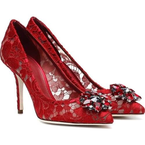 KALMALL Blue Pink Red Yellow Luxury Gemstone Flower Princess Bridal Wedding Shoes Pointy Toe Pumps Women Crystal Lace High Heels