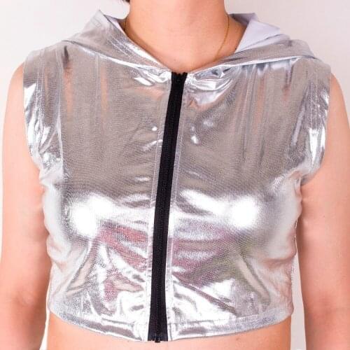 Best Version, New Fashion Women Hip Hop Outwear with a Hooded Jazz Dance Costumes Stage Female Singer Short Jackets Silver Tops