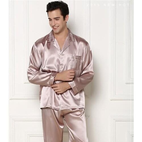 2019 Spring Mens Stain Silk Pajama Set Home Wear Silk Sleepwear Men Sexy Modern Style Soft Cozy Satin Nightgown