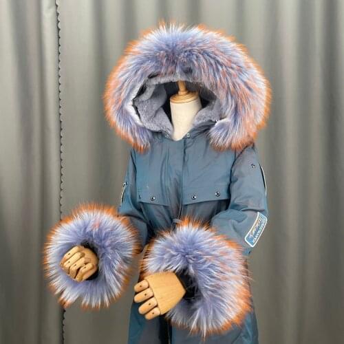Real Raccoon Fur Collar Womens 100% Natural Fur Gray Collar Real Fur Shawl Raccoon collar Fur Scraves Blue orange tip