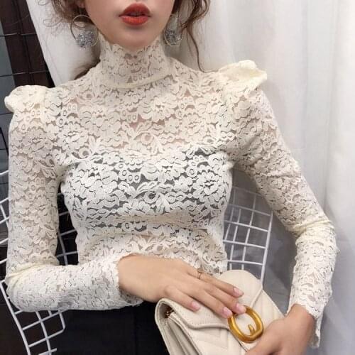 New ruffles lace women blouse and shirts long-sleeved slim office lady elegant white shirts outwear tops G1165