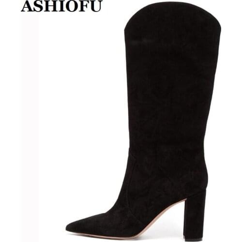 ASHIOFU Handmade Womens Chunky Heels Boots Pointed Toe Pedal-Models Party Winter Booties Vintage Evening Fashion Boots Shoes