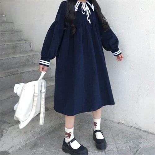 Japanese Lolita Women Dress Sweet Sailor Collar Kawaii Pull Sleeve Vintage Casual Loose Student Cute Lace Bow Dress Summer 2020