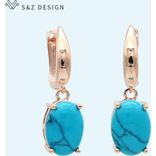 S&Z New Classic Oval Egg Shape Synthetic Turquoises Dangle Earrings Vintage 585 Rose Gold For Women Girls Trendy Party Jewelry