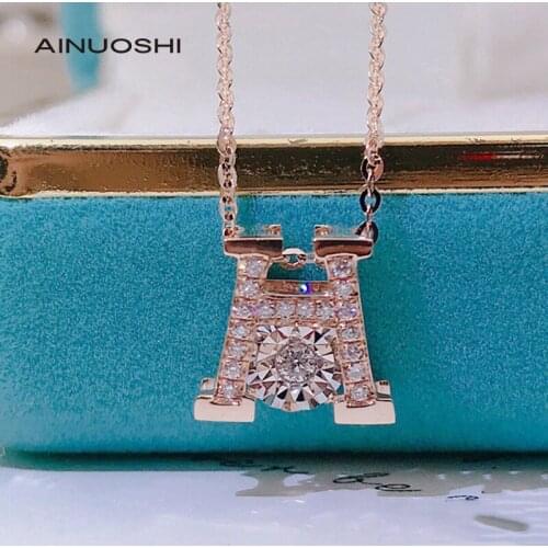 AINUOSHI 18K Gold Round Cut 0.10ct Real Diamond Dancing Double Shining Letter H Pendant Necklace Womens Fine Jewelry 18