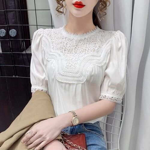 COIGARSAM Vintage Short Sleeve blouse women New Summer Patchwork Lace blusas womens tops and blouses White 5168