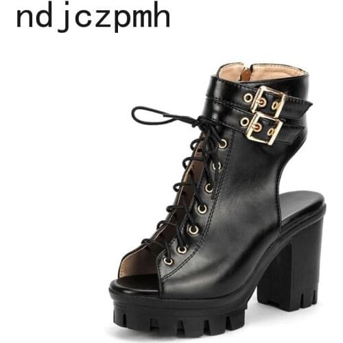 Summer Ankle Boots for Women Fashion New Fish Mouth Open Toe Zipper Belt Bucke Lace Up High Heel Womens Shoes Plus Size 34-43