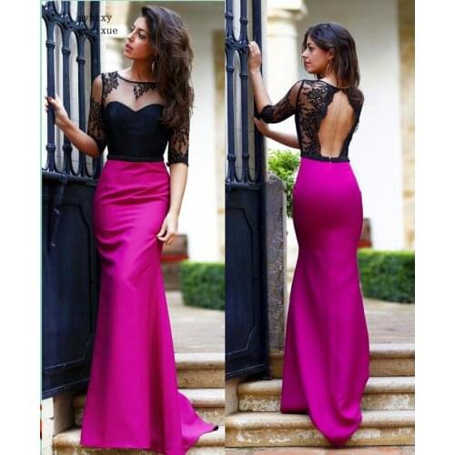 Black Muslim Evening Dresses 2020 Mermaid Half Sleeves Lace Backless Turkey Islamic Dubai Saudi Arabic Long Formal Gown Party