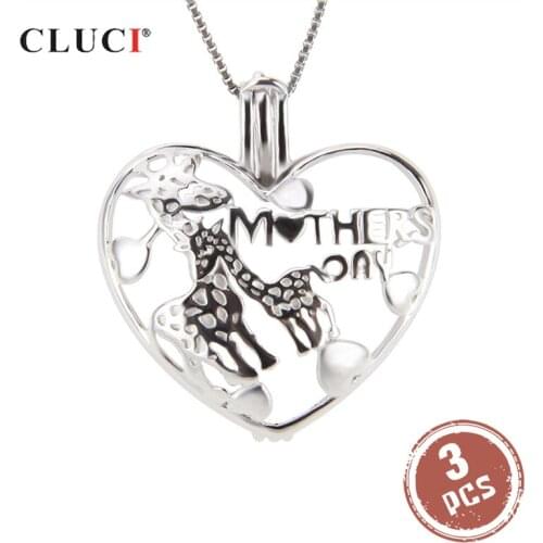 CLUCI 3pcs 925 Sterling Silver Charms Pendant Gift for Mother Giraffe Heart Shaped Silver 925 Women Pearl Locket Pendant SC235SB