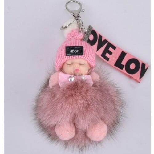 Baby Fox fur Ball Doll Keychain Sleeping Baby Foot and Hand Doll Pompom Fox fur Key Chain Car Keyring Key Holder Charm Jewelry