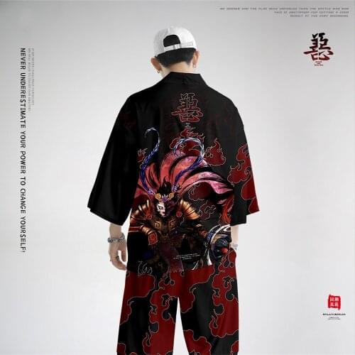 Vintage Japanese Style Kimono Haori Pants Set Men Printed Traditional Bottom Harajuku Streetwear Samurai Cardigan Costume Yukata